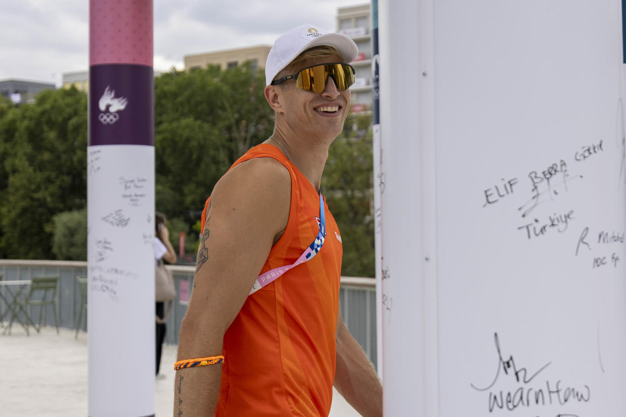 PARIS, FRANCE - JULY 22: Steven van de Velde of Team Netherlands walks at Olympic Truce Mural at Village Plaza ahead of the 2024 Olympic Games on July 22, 2024 in Paris, France. (Photo by Maja Hitij/Getty Images)