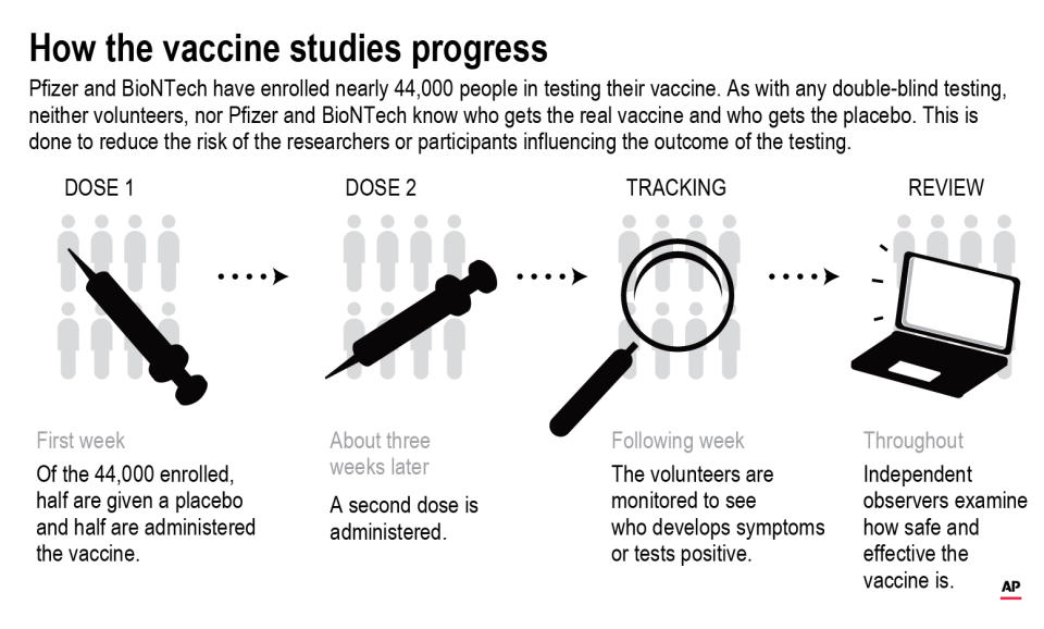 Graphics shows how a vaccine study progresses;