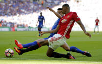 Football Soccer Britain - Leicester City v Manchester United - FA Community Shield - Wembley Stadium - 7/8/16 Manchester United's Marcus Rashford in action with Leicester City's Luis Hernandez Action Images via Reuters / Andrew Couldridge Livepic EDITORIAL USE ONLY. No use with unauthorized audio, video, data, fixture lists, club/league logos or "live" services. Online in-match use limited to 45 images, no video emulation. No use in betting, games or single club/league/player publications. Please contact your account representative for further details.