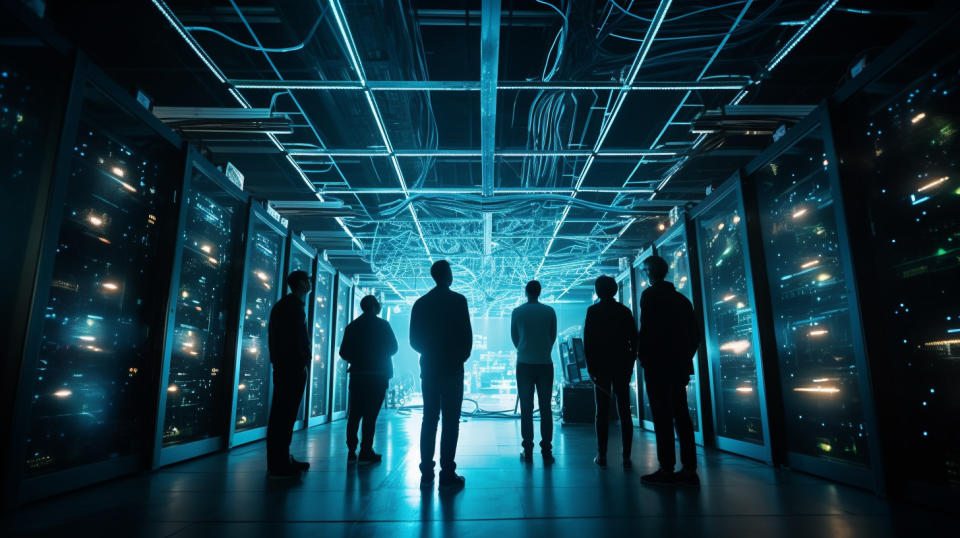 A group of engineers in a data center, ensuring IT resiliency.
