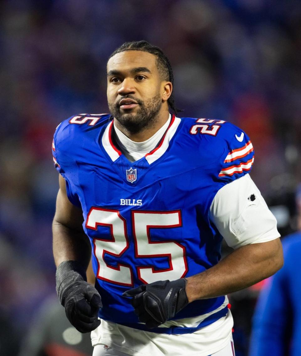 Former Buffalo Bills linebacker Tyrel Dodson (25) playing against the Kansas City Chiefs in the 2024 AFC divisional round game at Highmark Stadium, Orchard Park, New York, Jan. 21, 2024. The Seahawks signed Dodson to a one-year contract in March 2024.