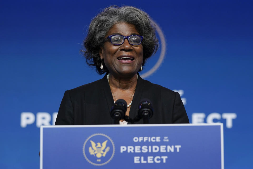 President-elect Joe Biden's U.S. Ambassador to the United Nations nominee Ambassador Linda Thomas-Greenfield speaks at The Queen theater, Tuesday, Nov. 24, 2020, in Wilmington, Del. (AP Photo/Carolyn Kaster)