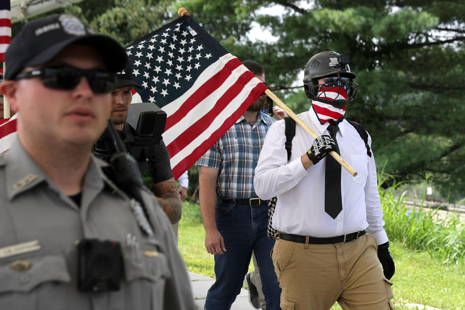 <p>Counter-demonstrators and police gather at the Vienna/Fairfax – GMU Metro Station in anticipation of the arrival of the white supremacist Unite the Right participants who plan to gather at the station before traveling to the White House August 12, 2018 in Vienna, Virginia. Thousands of protesters are expected to demonstrate against the “white civil rights” rally in Washington, which was planned by the organizer of last yearÃs deadly rally in Charlottesville, Virginia. (Photo: Chip Somodevilla/Getty Images) </p>