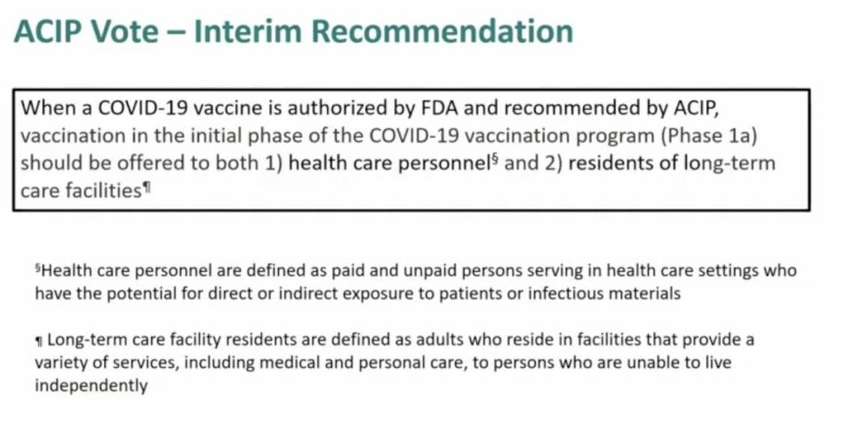 Screengrab of the CDC’s Advisory Committee on Immunization Practices interim recommendation for COVID-19 vaccine priority. 