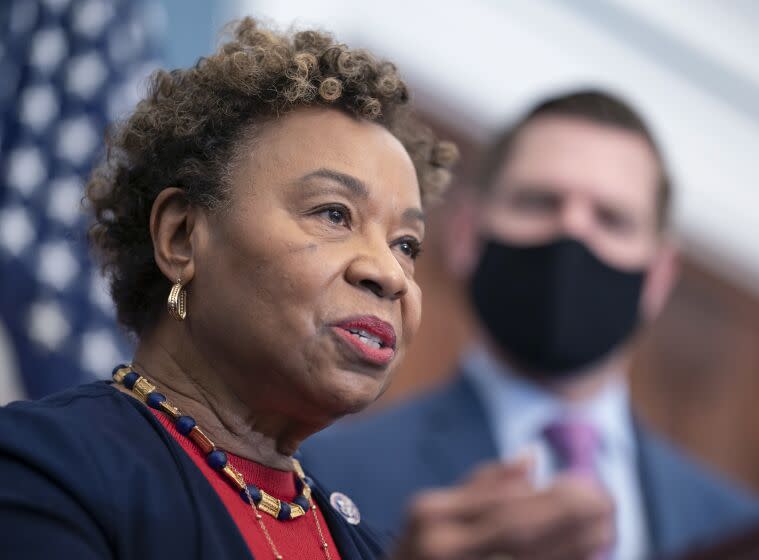 Rep. Barbara Lee, D-Calif., chair of the House Appropriations Subcommittee on State, Foreign Operations, and Related Programs, joins Speaker of the House Nancy Pelosi, D-Calif., at a news conference at the Capitol in Washington, Wednesday, Feb. 23, 2022, where they condemned Russian President Vladimir Putin for his aggression in Ukraine. (AP Photo/J. Scott Applewhite)