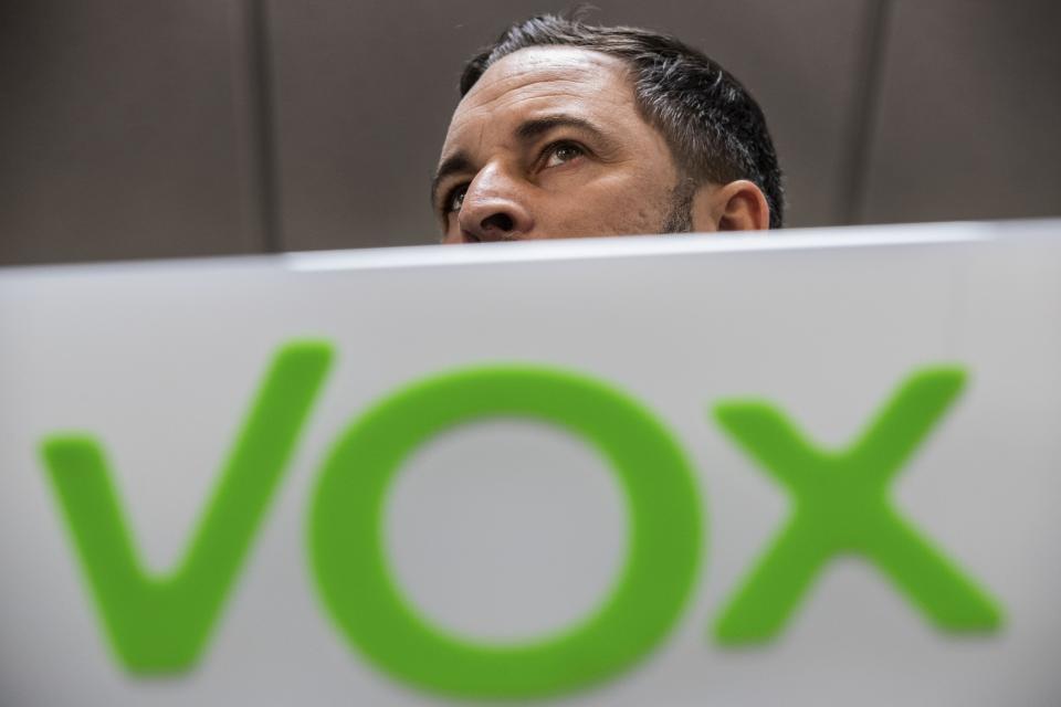 Santiago Abascal, leader of Vox Party attends a press conference in Madrid, Spain, Monday, Nov. 11, 2019. The far-right Vox party is poised to become the country's third political force, more than doubling its presence in the parliament's lower house from 24 to 53 deputies only six months after its debut. (AP Photo/Bernat Armangue)