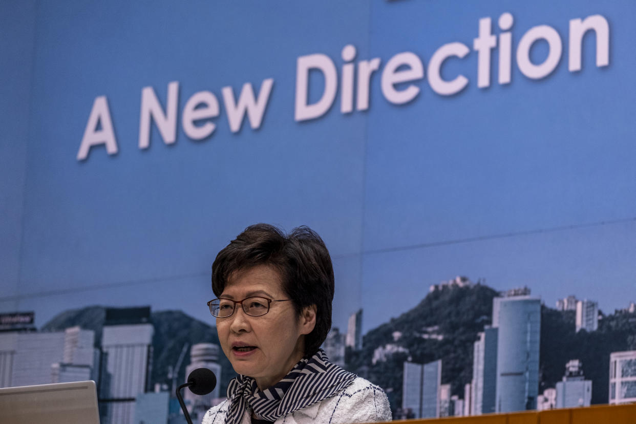 Hong Kong Chief Executive Carrie Lam Speaks during a press conference on Covid-19 Social Distancing Restrictions , in Hong Kong, Monday, April 12, 2021. Hong Kong Government Said that it intends to form vaccination bubbles, allowing people who have received the vaccine to enjoy relaxed Covid-19 social distancing measures (Photo by Vernon Yuen/NurPhoto via Getty Images)