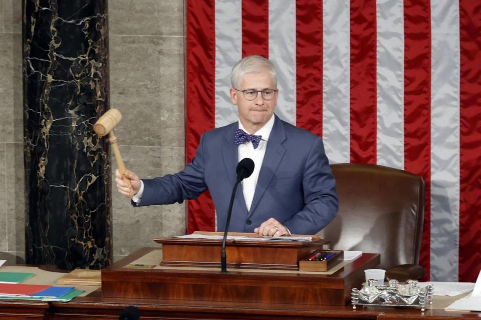 Speaker Pro Tempore Rep. Patrick McHenry, R-N.C., gavels in the House on Oct 25, 2023, as lawmakers seek to elect a new speaker in Washington. Eric Kayne/USA TODAY NETWORK