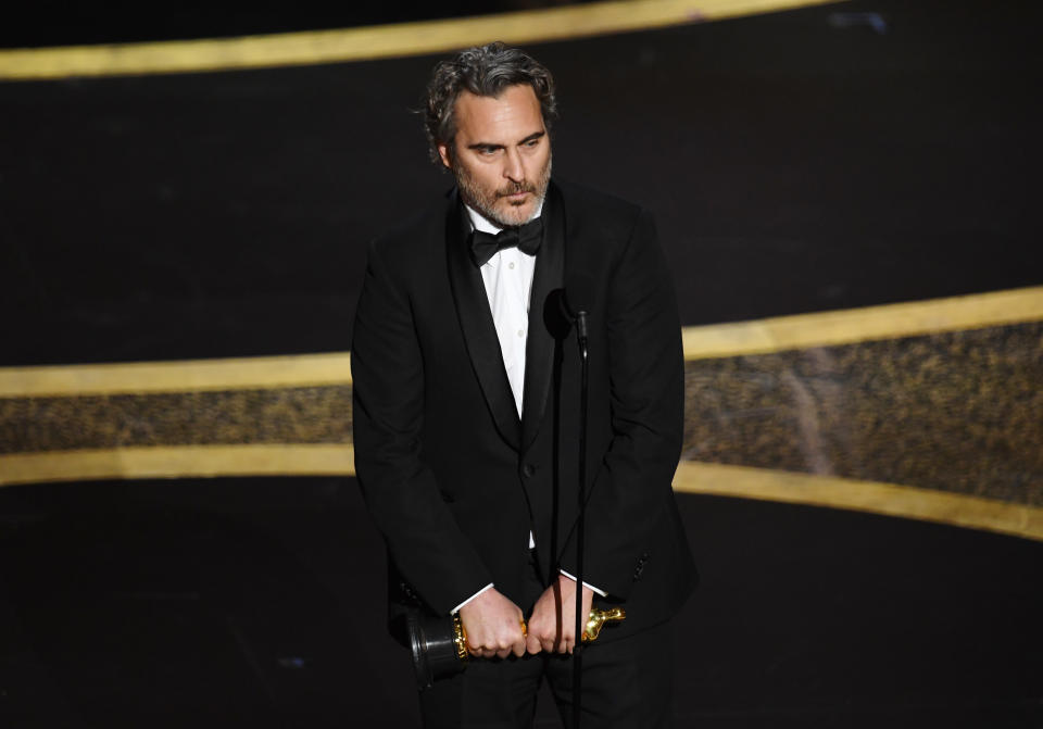 Joaquin Phoenix accepts the Actor In A Leading Role award for "Joker" onstage during the 92nd Annual Academy Awards at Dolby Theatre on February 09, 2020 in Hollywood, California. (Photo by Kevin Winter/Getty Images)