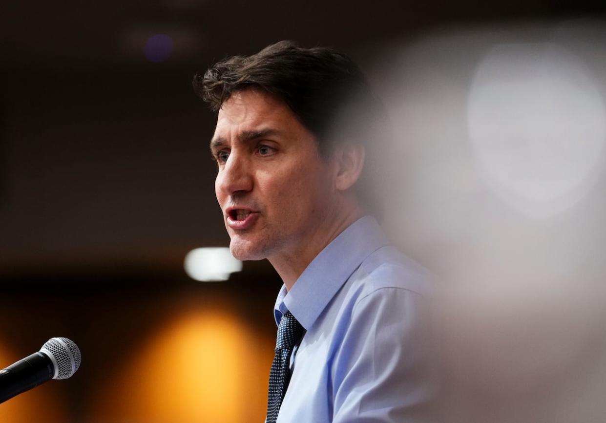 Prime Minister Justin Trudeau addresses his national caucus during a winter caucus retreat on Parliament Hill in Ottawa on Thursday, Jan. 25, 2024. (Sean Kilpatrick/The Canadian Press - image credit)