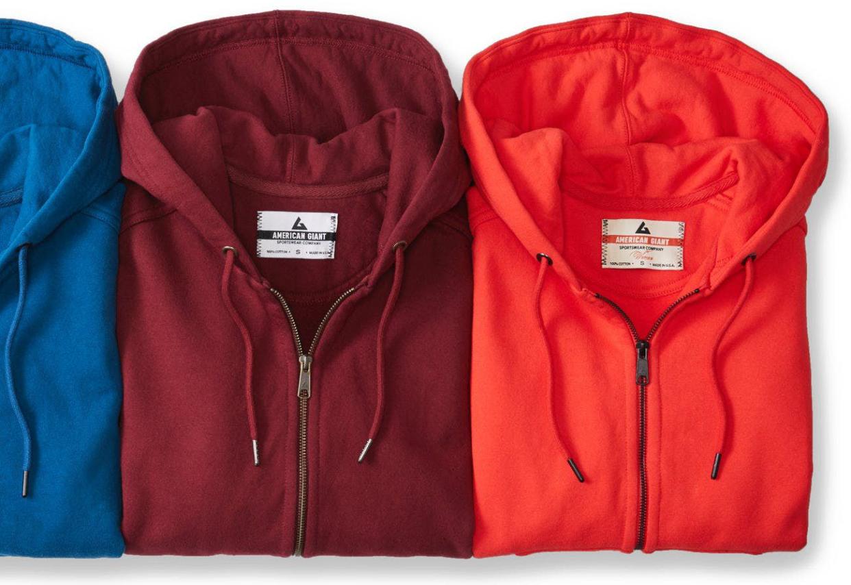 American Giant full-zip hoodies in various colors