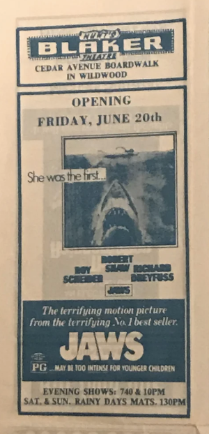 Vintage movie poster for the opening of "Jaws" at Bluewater Boardwalk with screening details