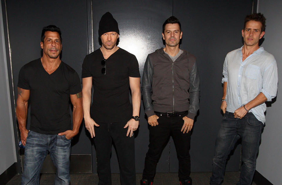 Danny Wood, Donnie Wahlberg, Jordan Knight, and Joey McIntyre of New Kids on the Block at The Forum on May 9, 2015 in Inglewood, California. (Photo by Tommaso Boddi/Getty Images for Cottonelle)