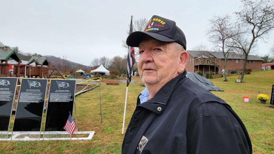 Hendersonville's Ronald Cox, who served in the Vietnam War from 1969-70, pauses to reflect on Veterans Day at the Traveling Vietnam Wall at the Veterans Healing Farm in Hendersonville.