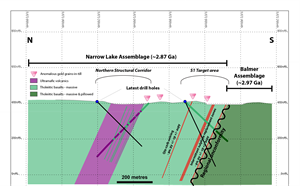 Cross section illustrating geological context of two discrete target areas