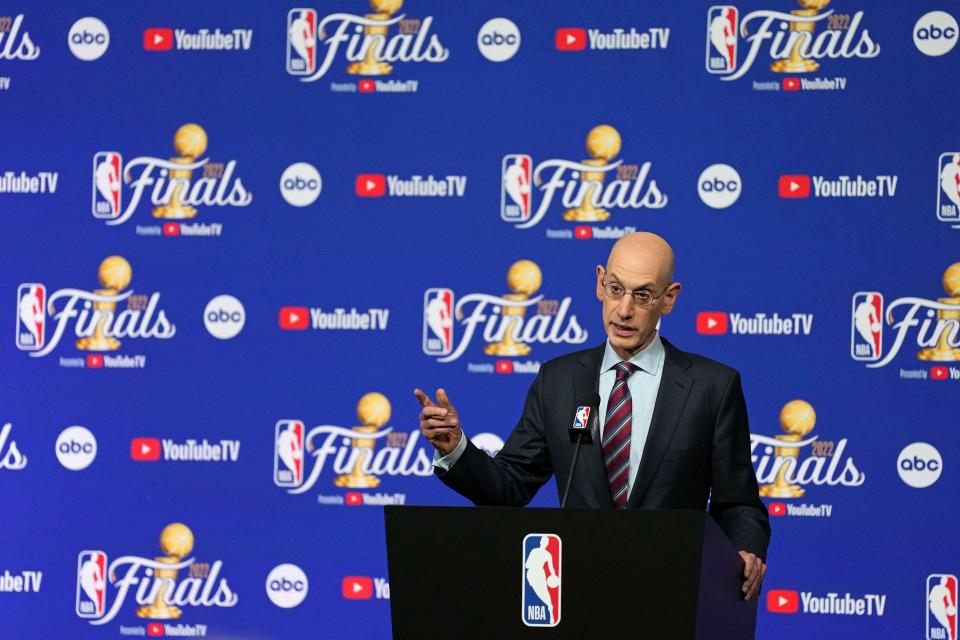 NBA commissioner Adam Silver talks to media before game one of the 2022 NBA Finals between the Golden State Warriors and the Boston Celtics at Chase Center.