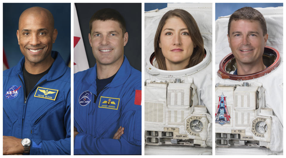 Los astronautas que participarán en la próxima misión de aproximarse a la Luna: de izq a der: Victor Glover, Jeremy Hansen, Christina Koch, y Reid Wiseman.. (NASA, CSA via AP)