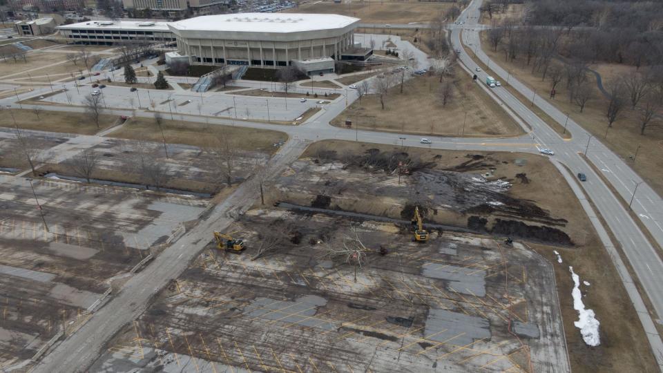 A photo from Iowa State Athletics shows work for the first phase of construction on the CYTown entertainment district beginning in the parking lots near University Boulevard, between Hilton Coliseum and Jack Trice Stadium.