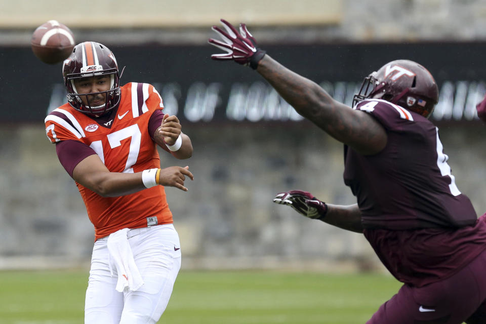 Virginia Tech quarterback Josh Jackson (17) will start the opener vs. West Virginia. (Matt Gentry/The Roanoke Times via AP)