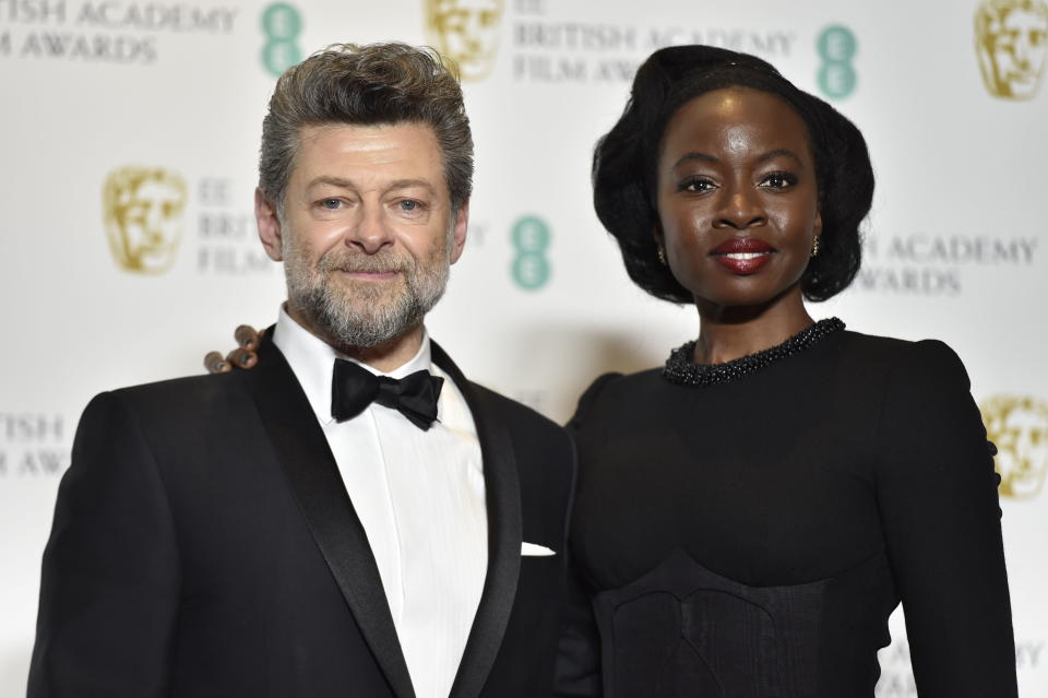 British actor Andy Serkis and US actress Danai Gurira in the press room during the 72nd annual British Academy Film Awards (Credit: EFE/EPA/NIK HALLEN)