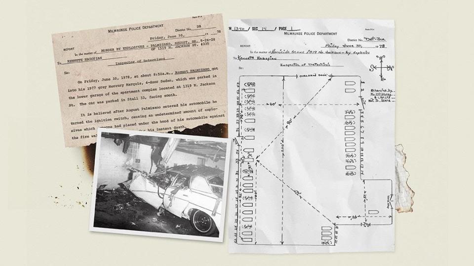 A diagram drawn by Milwaukee Police Department investigators shows the location of Augie’s car in the parking garage and the extent of the blast.