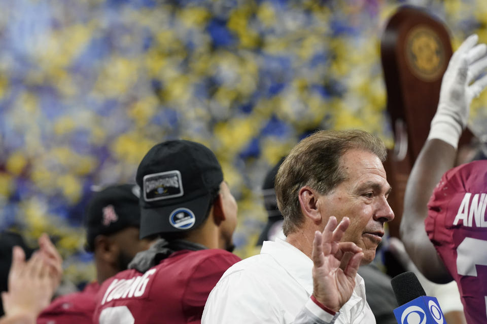 Alabama head coach Nick Saban celebrates after the Southeastern Conference championship NCAA college football game between Georgia and Alabama, Saturday, Dec. 4, 2021, in Atlanta. Alabama won 41-24. (AP Photo/Brynn Anderson)