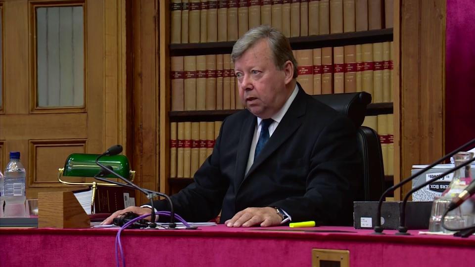In this image taken from video on Wednesday, Sept, 11, 2019. Lord Carloway, Scotland's most senior judge: speaks at a court in Edinburgh, Scotland. The Scottish court ruled that Britains Prime Minister Boris Johnson’s decision to suspend the U.K. Parliament was unlawful, but did not order the suspension overturned. Judges said Britain’s Supreme Court must make the final decision. (UK Pool/Sky News via AP)
