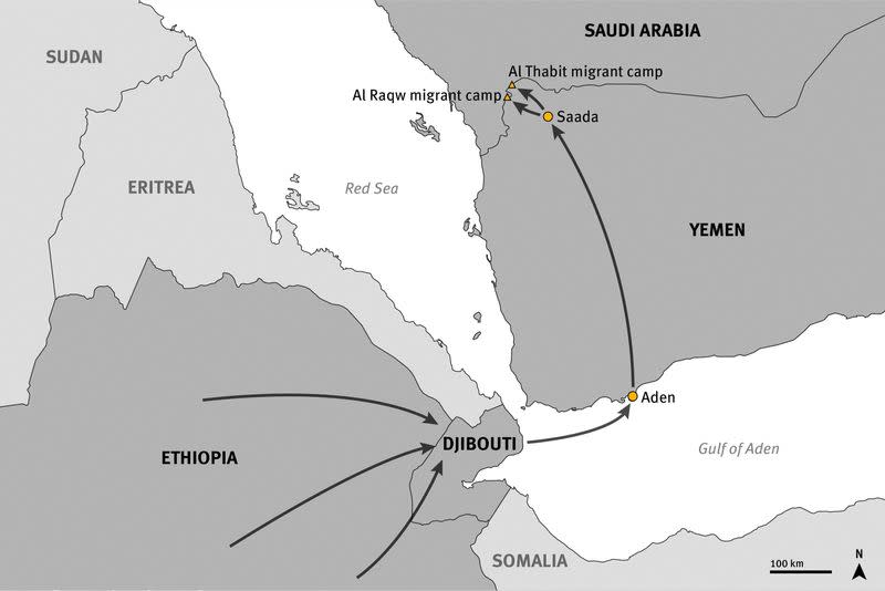 A Red Sea map shows migration route from Ethiopia to Saudi Arabia through Yemen