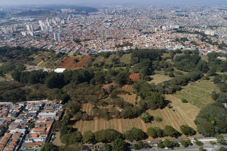 Newly dug graves are empty in the Vila Formosa cemetery, center and top left, where victims of COVID-19 are being buried in Sao Paulo, Brazil, Wednesday, May 20, 2020. (AP Photo/Andre Penner)