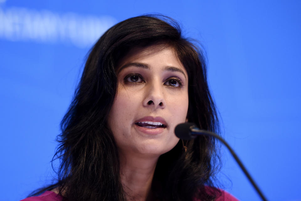 Gita Gopinath, IMF Chief Economist and Director of the Research Department, speaks at a briefing  during the IMF and  World Bank Fall Meetings on October 15, 2019 in Washington, DC. - The world economy is slowing to its weakest pace since the global financial crisis, amid continuing trade conflicts that have undercut business confidence and investment, the IMF said Tuesday. It cut the growth forecast for 2019 to 3.0 percent in its latest World Economic Outlook report, and lowered the 2020 estimate to 3.4 percent. The report warned that the global economy is experiencing "a synchronized slowdown and uncertain recovery."International Monetary Fund chief economist Gita Gopinath said "the global outlook remains precarious" and warned "there is no room for policy mistakes." (Photo by Olivier Douliery / AFP) (Photo by OLIVIER DOULIERY/AFP via Getty Images)
