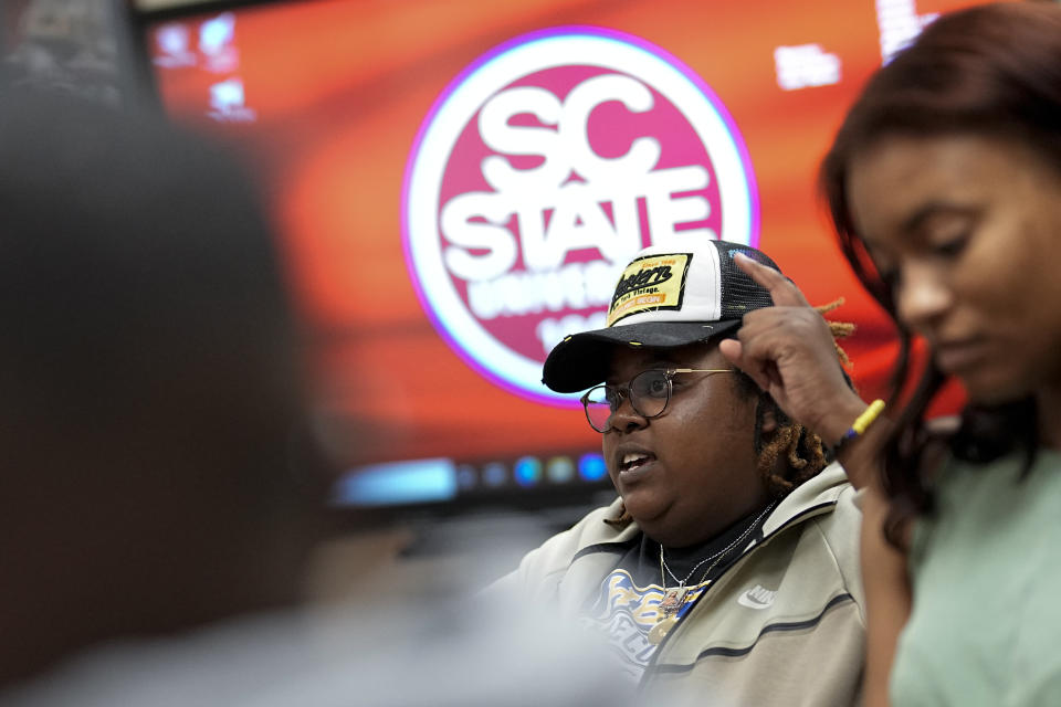 Destiny Humphreys, 22, a senior at South Carolina State University speaks during an interview on Tuesday, May 2, 2023, in Orangeburg, S.C. Black voters in South Carolina rescued Joe Biden’s bid for the presidency during the 2020 Democratic primary, and he rewarded them by moving the state to the head of the party’s nominating schedule. But two years into his presidency, interviews with more than a dozen Black voters representing a variety of ages and backgrounds reveal mixed views, especially between generations. (AP Photo/Chris Carlson)