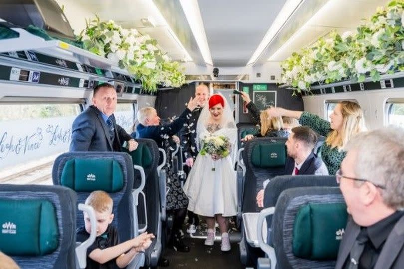 Bride and groom Leah Anderson and Vince Smith got married on a train to Swansea