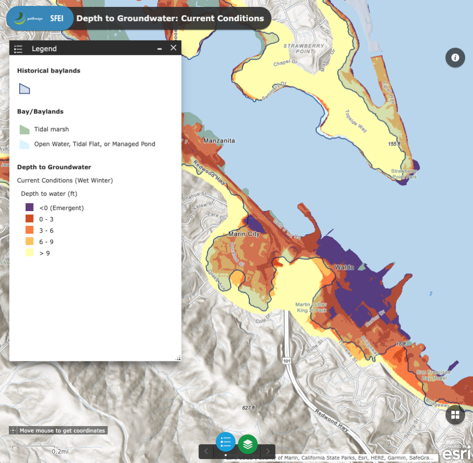 Screenshot of interactive groundwater map, zoomed in to Marin City