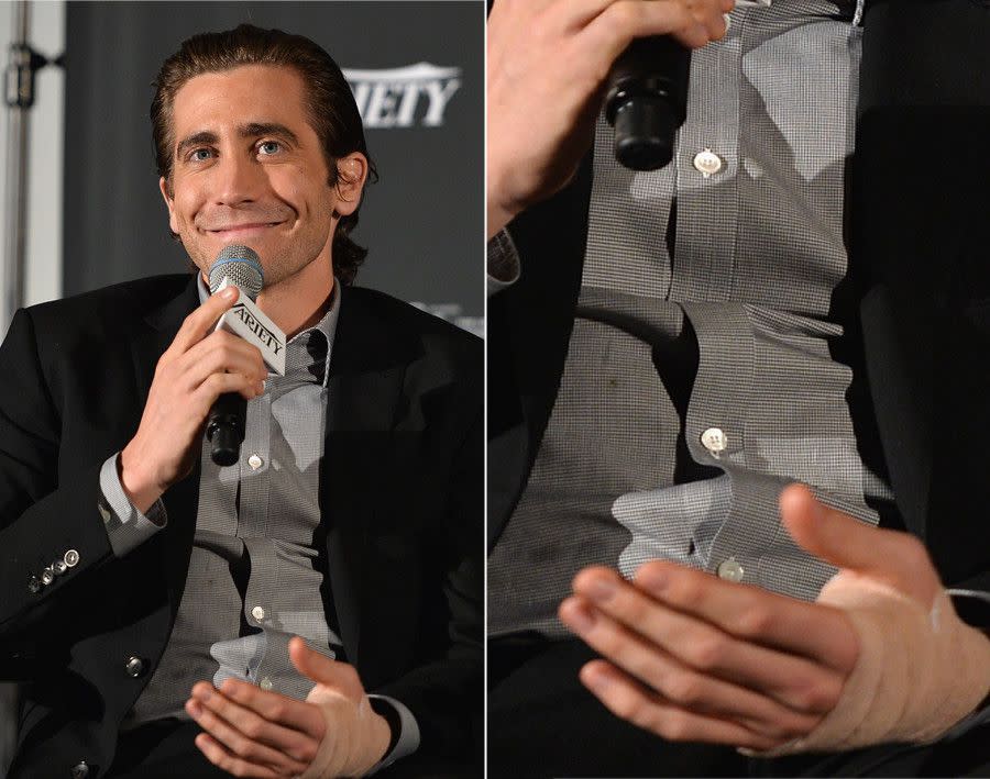 You won't believe how Jake Gyllenhaal broke his hand! He was shooting a scene from the movie 'Nightcrawler' in which his character gets angry and punches a mirror. Hope he's not superstitious! The actor appeared at a screening of his movie 'Prisoners' in Los Angeles on Nov. 15, 2013 with a bandaged hand.