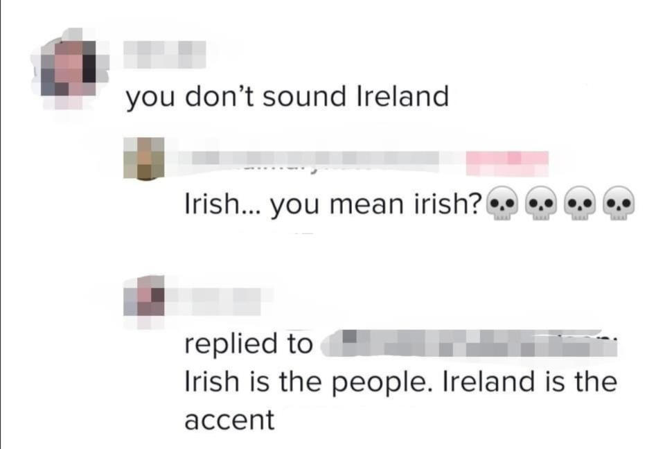 مکالمه فیسبوکی که در آن شخصی می گوید ایرلندی مردم ایرلند هستند و ایرلند لهجه آن است