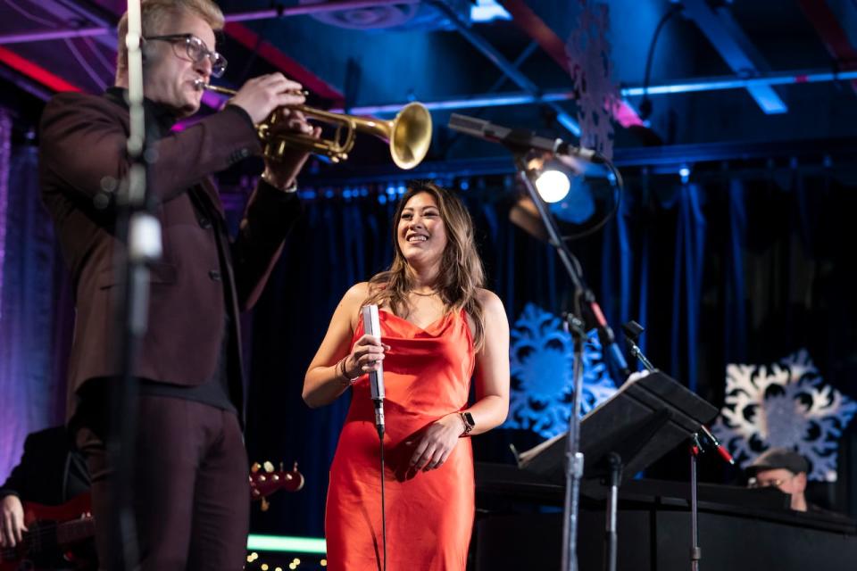 marie Hui performs with the Malcolm Aiken Quintet at CBC Food Bank day at CBC studios in Vancouver, British Columbia on Friday, Dec. 1.