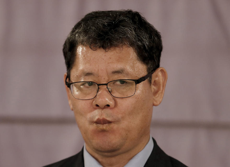 In this Wednesday, June 26, 2019, photo, South Korean Unification Minister Kim Yeon-chul listens to a question during a group interview at a hotel in Seoul, South Korea. The U.S. and North Korea both feel the need to resume diplomacy and are trying to narrow their differences for new summit talks, Kim said as he contrasted their efforts with the tensions surrounding Iran's collapsing nuclear accord. (AP Photo/Ahn Young-joon)