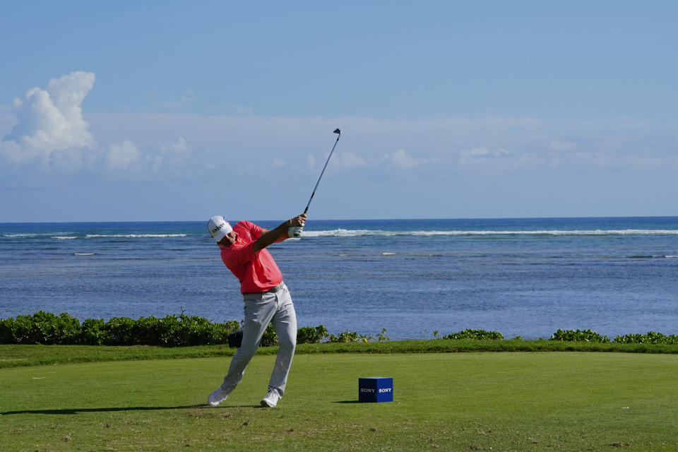 Ryan Palmer plays his shot from the 17th tee during the second round of the Sony Open golf tournament, Friday, Jan. 14, 2022, at Waialae Country Club in Honolulu. (AP Photo/Matt York)