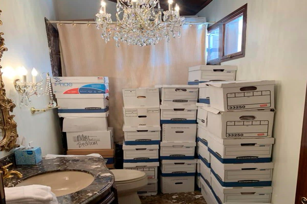 Boxes of records stored in a bathroom and shower in the Lake Room at Trump's Mar-a-Lago estate in Palm Beach, Florida (Justice Department via AP)