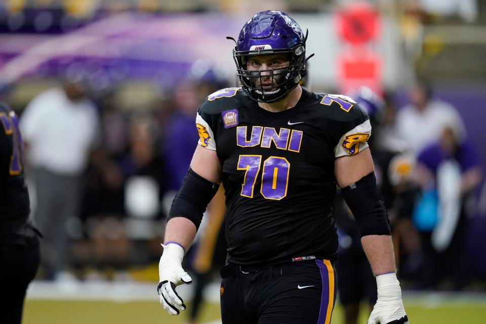 Northern Iowa offensive lineman Trevor Penning (70) walks on the field during an NCAA college football game against Southern Illinois, Saturday, Oct. 30, 2021, in Cedar Falls, Iowa.