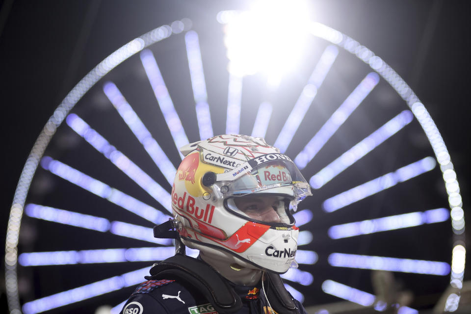 Red Bull driver Max Verstappen of the Netherlands celebrates after the qualifying for the Bahrain Formula One Grand Prix, at the Formula One Bahrain International Circuit in Sakhir, Bahrain, Saturday, March 27, 2021. The Bahrain Formula One Grand Prix will take place on Sunday. (Lars Baron, Pool via AP)