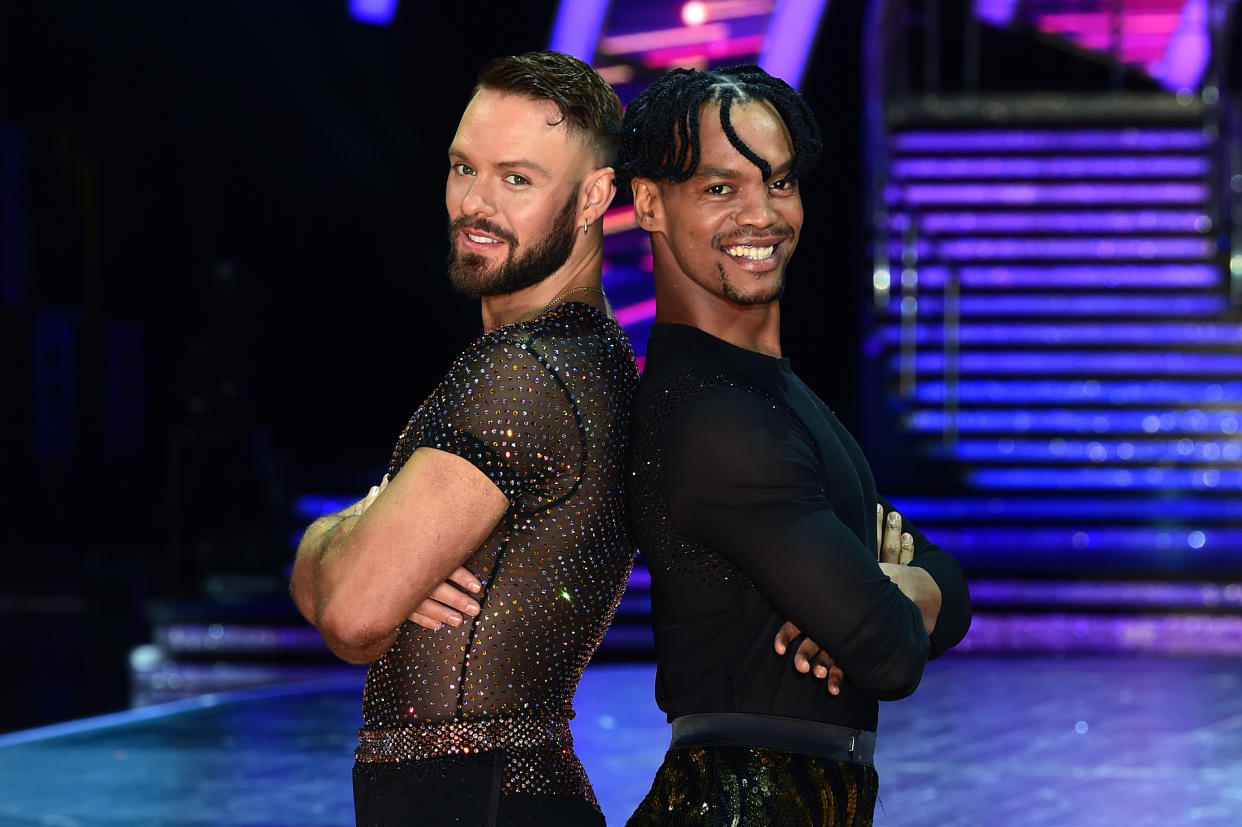 BIRMINGHAM, ENGLAND - JANUARY 20: Johannes Radebe and John Whaite attend the 'Strictly Come Dancing Live Tour - press launch' at Utilita Arena Birmingham on January 20, 2022 in Birmingham, England. (Photo by Eamonn M. McCormack/Getty Images)