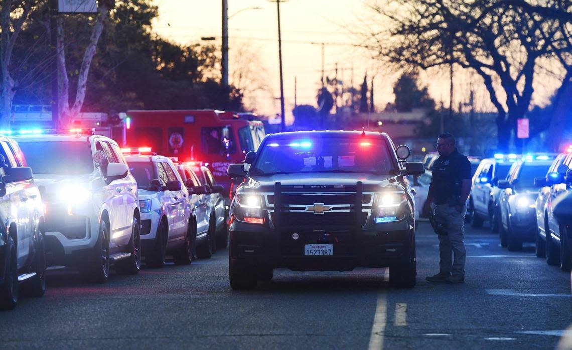 A procession lines up outside Community Regional Medical Center in Fresno for the Selma police officer who was shot and killed earlier Tuesday afternoon, Jan. 31, 2023 in Selma.