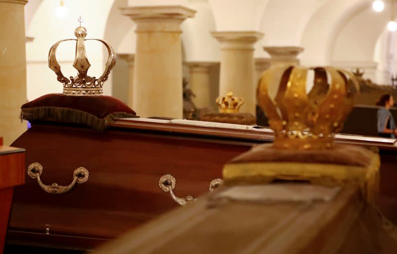 FILE PHOTO: Coffins are pictured inside the crypt of the Prussian emperors - the Hohenzollern house - during a media tour to present the restoration plans of the area in the Berlin cathedral in Berlin