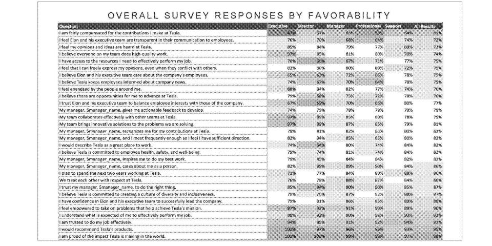 Screenshot of Tesla's 2018 employee survey report