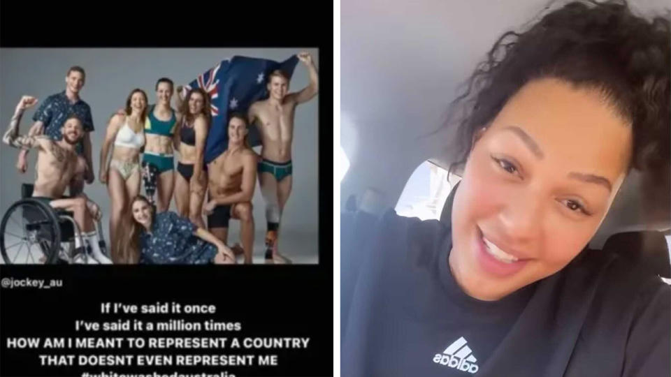 Liz Cambage (pictured right) talking on Instagram and (pictured left) criticising the Australian Olympic promotional photos.