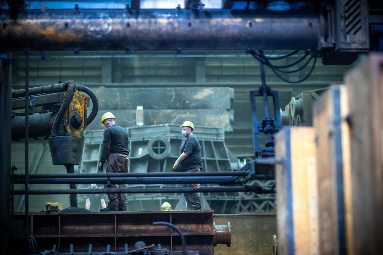 07 August 2020, Mecklenburg-Western Pomerania, Torgelow: Employees prepare casting moulds in the mould making department of the Torgelow iron foundry. The company, which with 320 employees is one of the most important employers in Western Pomerania, had filed for insolvency in mid-July. Photo: Jens Büttner/dpa-Zentralbild/ZB (Photo by Jens Büttner/picture alliance via Getty Images)