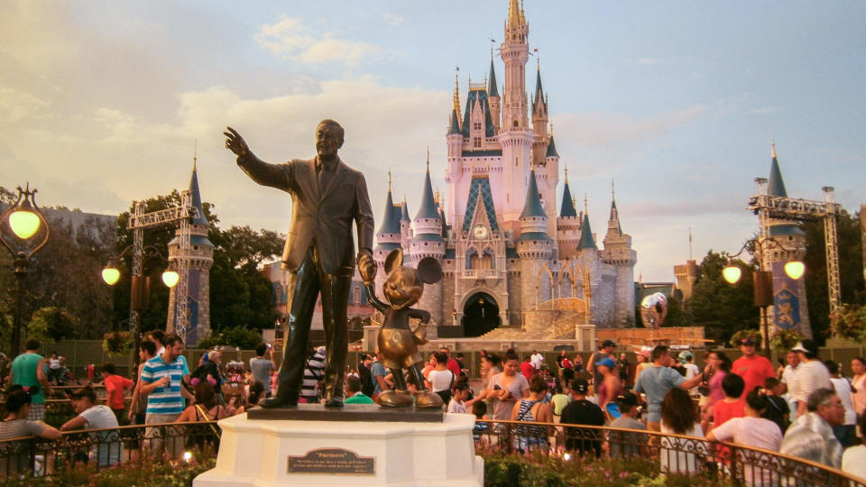 Statue of Walt Disney and Mickey Mouse in front of Cinderella Castle at Walt Disney World