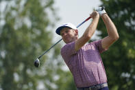 Bo Hoag hits a tee shot on the seventh hole during the second round of the 3M Open golf tournament in Blaine, Minn., Friday, July 23, 2021. (AP Photo/Craig Lassig)