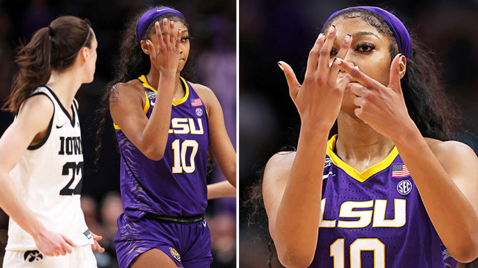 Seen here, LSU basketball star Angel Reese taunts Iowa rival Caitlin Clark in the NCAA championship decider.